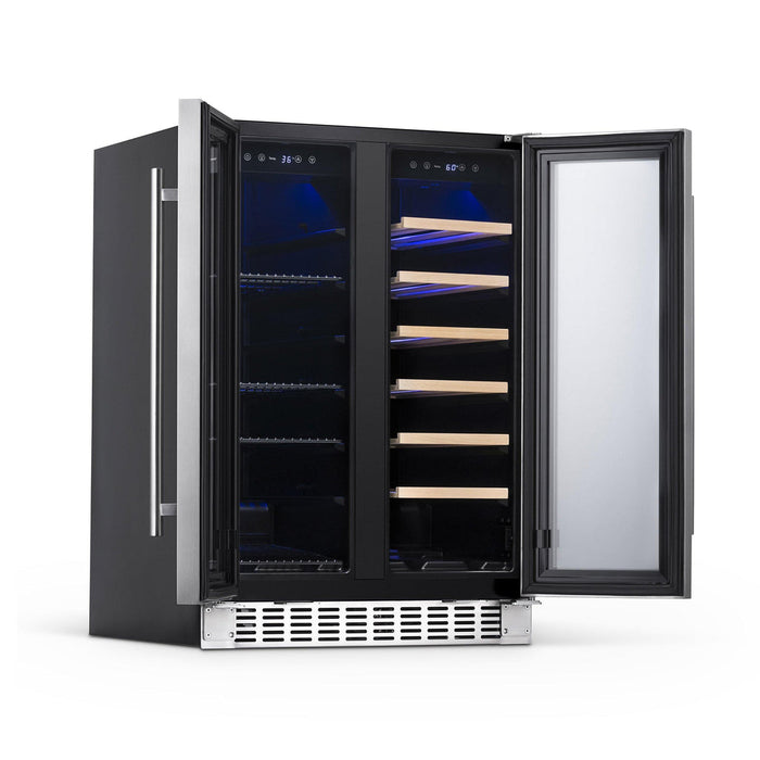 Newair 24” Premium Built-in Dual Zone 20 Bottle and 60 Can French Door Wine and Beverage Fridge in Stainless Steel with SplitShelf™ and Beech Wood Shelves