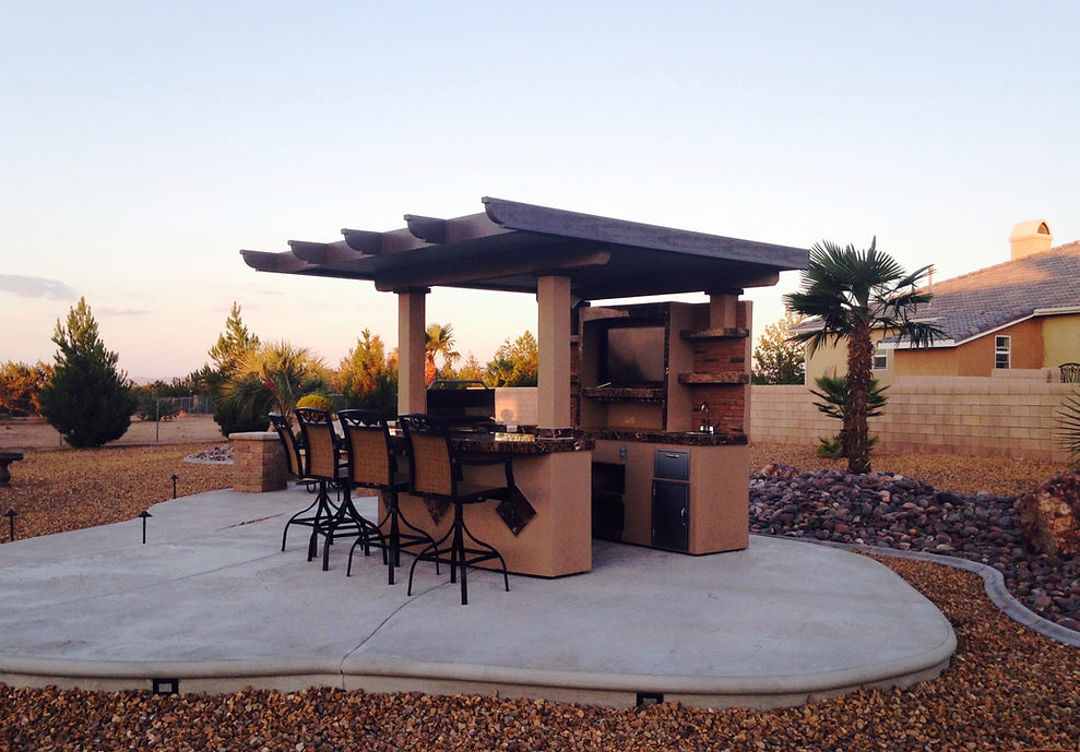 Kokomo Grills Outdoor Kitchen T.V. Media Wall with Pergola and Outdoor Bar Seating BBQ Island St.Croix-2