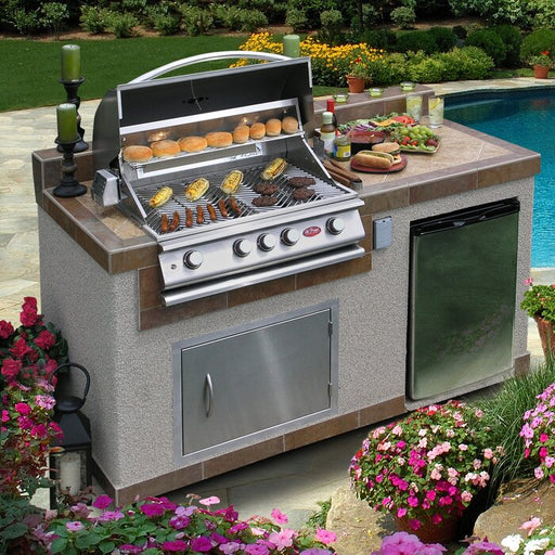 Cal Flame 4-Burner Propane Gas Grill Island with Refrigerator in Stainless Steel