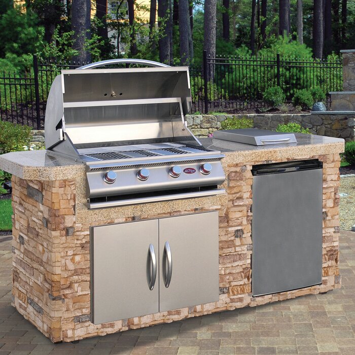 Cal Flame 7 ft. Stone Veneer with 4-Burner Propane GAS Grill Island in Stainless Steel