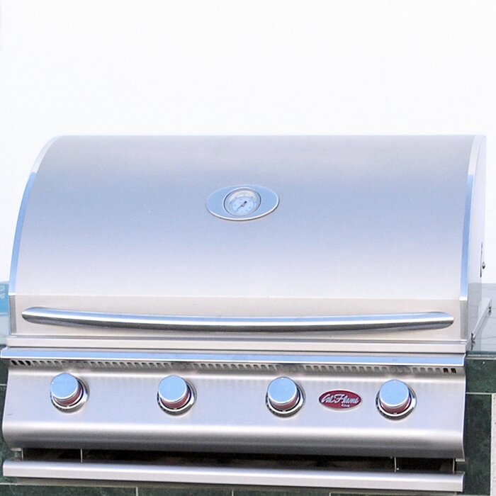 Cal Flame 4-burner, 7 ft. Stone Veneer with Tile Top Propane GAS Grill Island in Stainless Steel