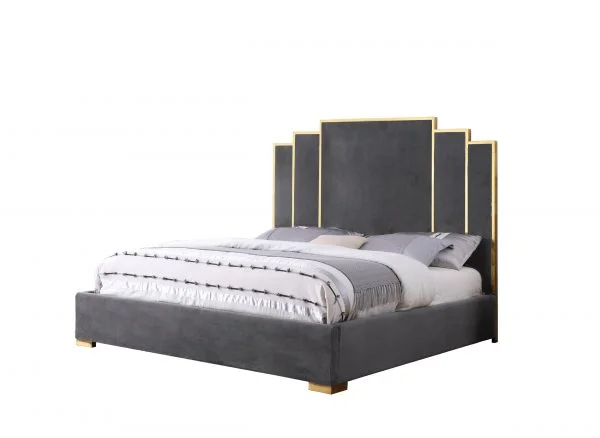 Best Quality Furniture Dark Grey Velvet Queen Bed Gold Color B53-QB