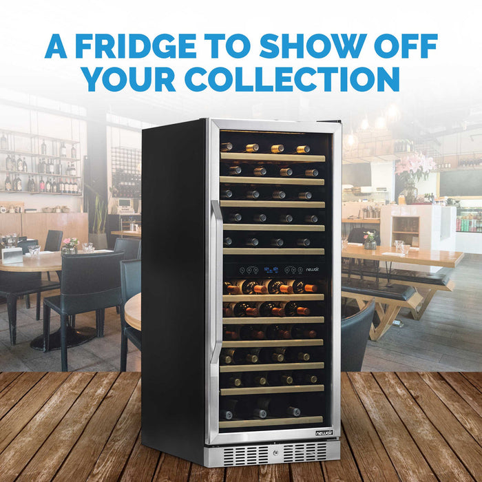 Newair 27” Built-in 116 Bottle Dual Zone Compressor Wine Fridge in Stainless Steel, Quiet Operation with Smooth Rolling Shelves