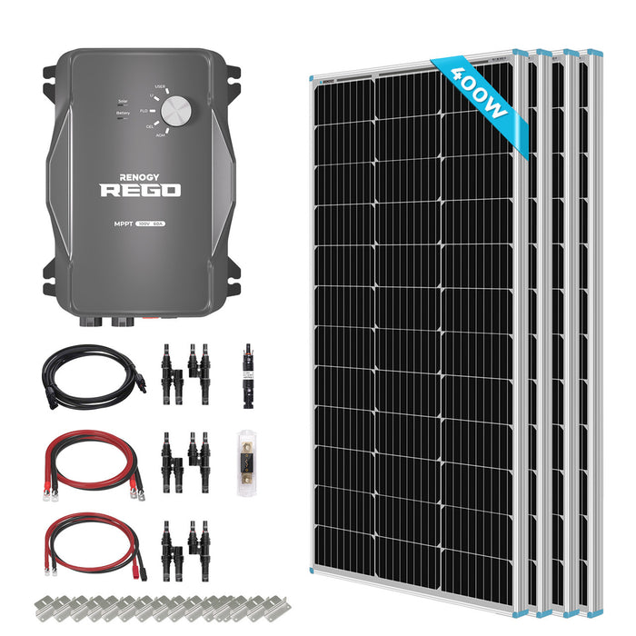 Renogy New 400 Watt 12 Volt Solar Premium Kit W/REGO Solar Charge Controller RNG-KIT-PREMIUM400D-RVR40-US