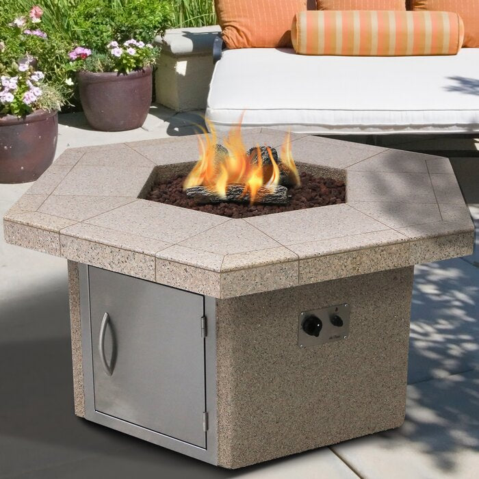 Cal Flame Stucco and Tile Hexagon Steel Propane/Natural Gas Fire Pit Table