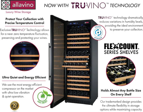 Allavino 24" Wide FlexCount II Tru-Vino 177 Bottle Single Zone Black Left Hinge Wine Refrigerator