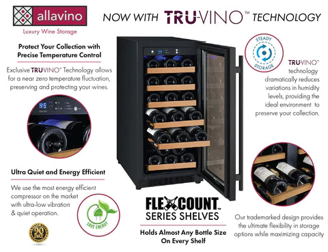 Allavino 15" Wide FlexCount II Tru-Vino 30 Bottle Single Zone Black Wine Refrigerator
