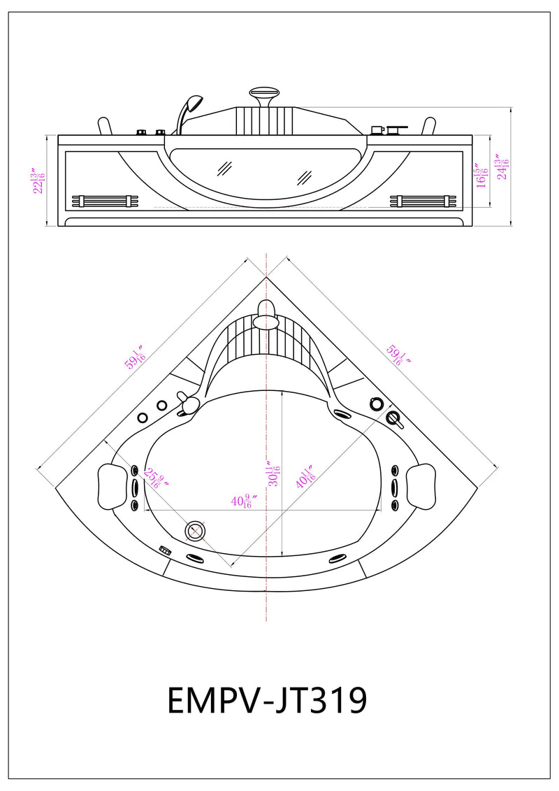 Empava-59JT319LED 59 in. Whirlpool Corner Bathtub With Thermostat